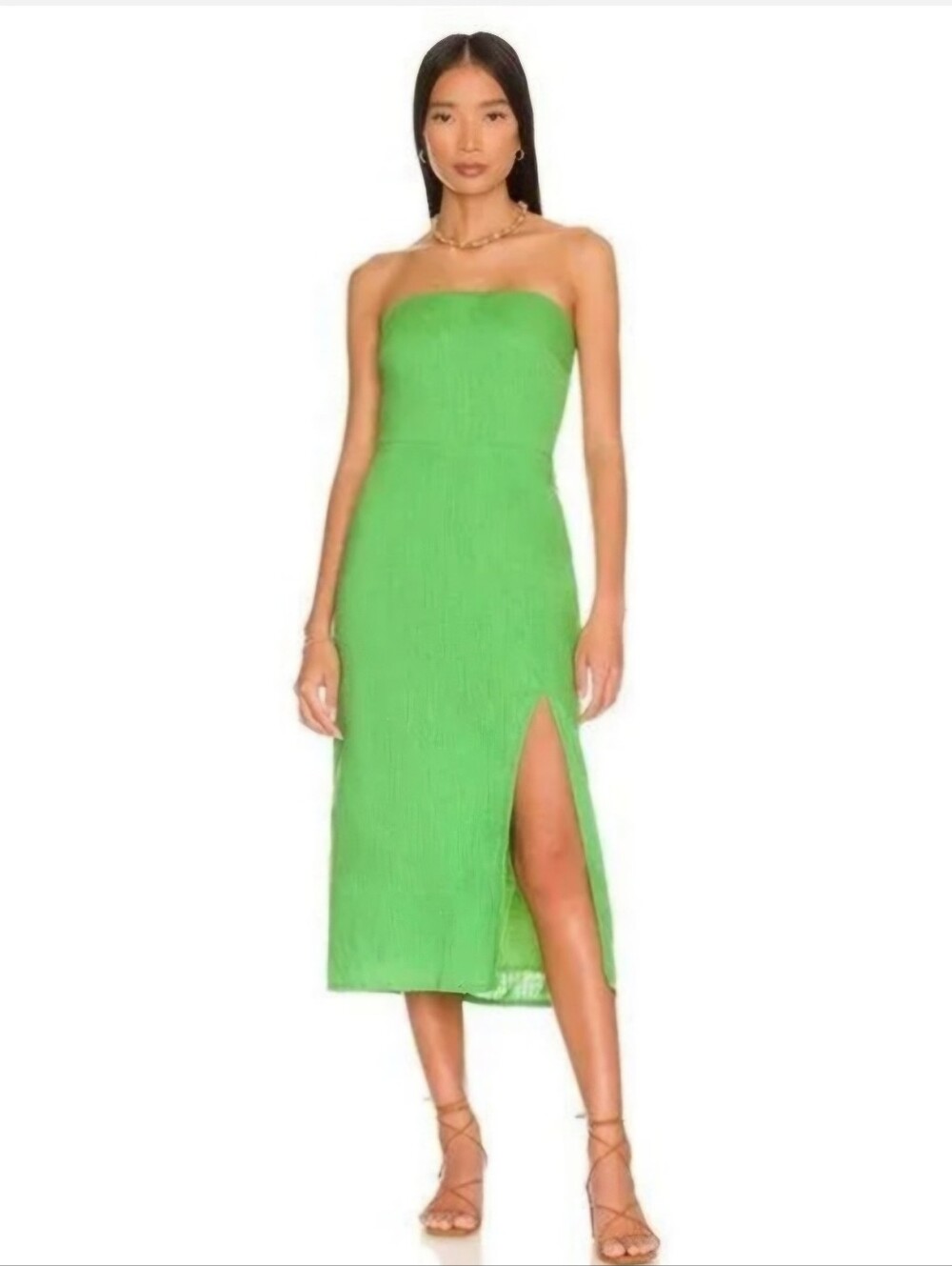 NWT SNDYS Women's Serena Midi Dress Green Strapless Linen Smocked Back Size XS.